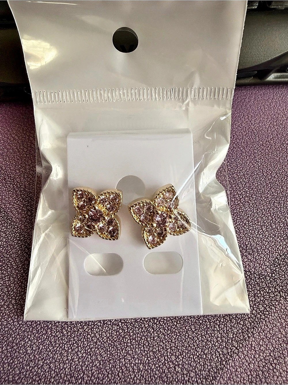 Gold plated Floral Rhinestone Earrings in Gold & Pink 20